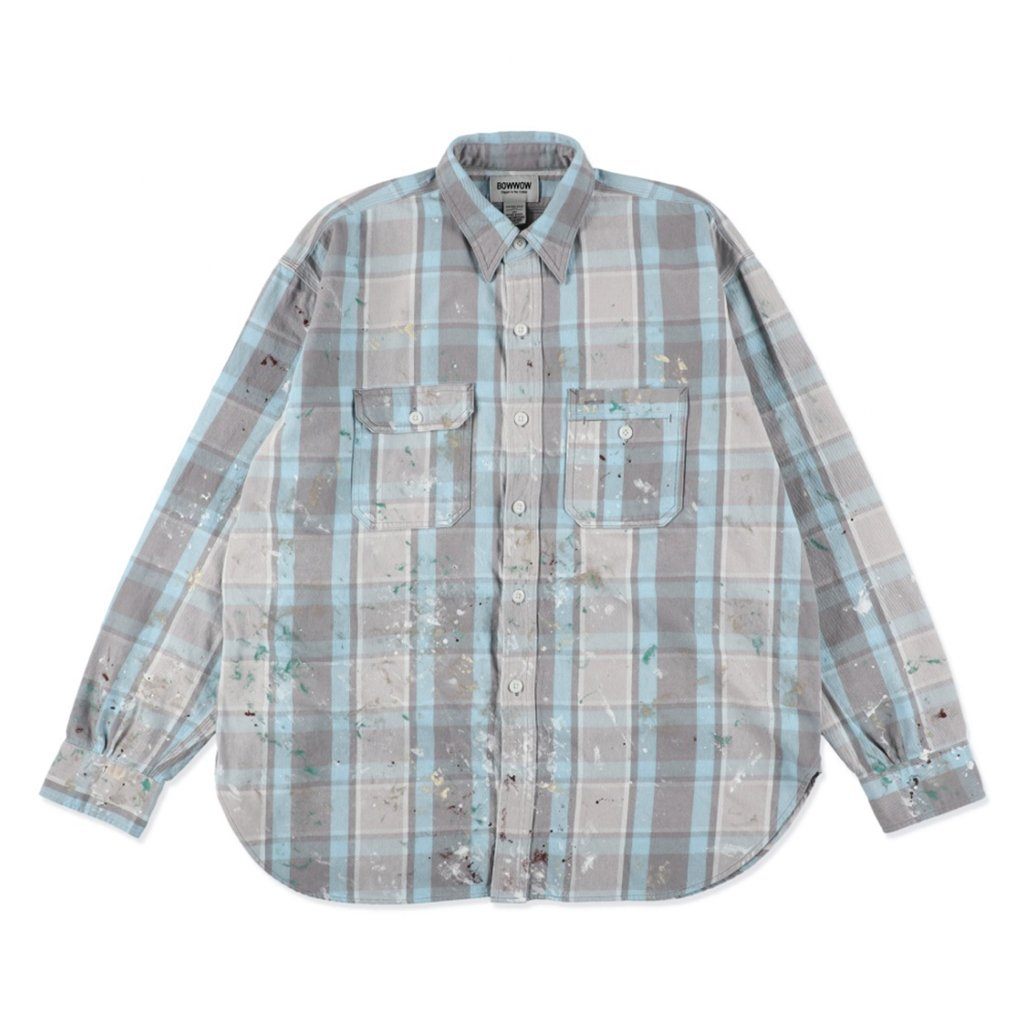 PAINTER'S PAINT STAINED FLANNEL SHIRT #AGED L.BLUE×O.WHITE [BW252