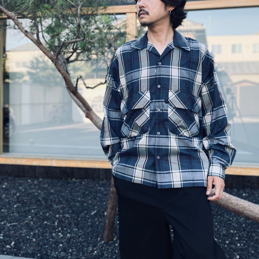 TECH SPORTS OPEN COLLAR SHIRT L/S BIG TARTAN #NAVY [BE-81026W