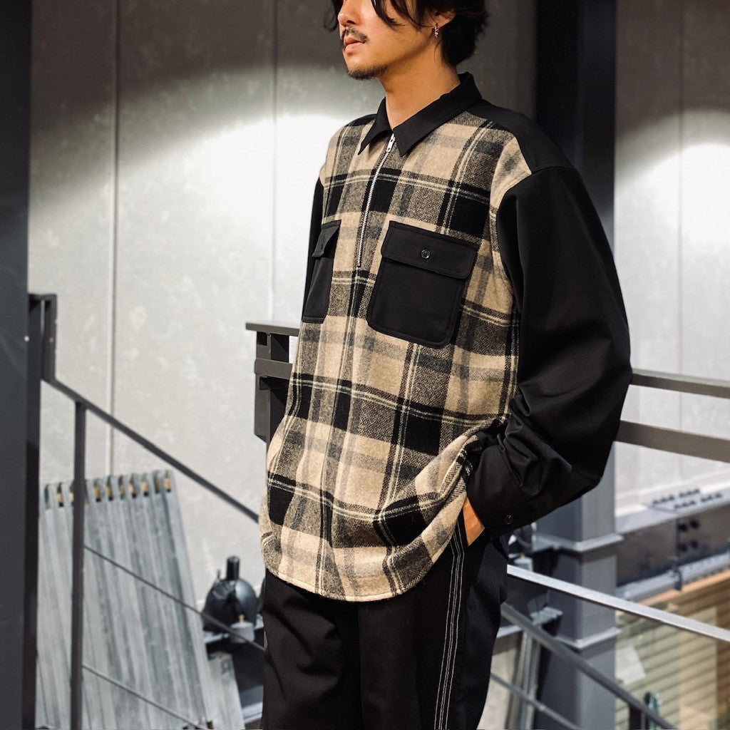 HALF ZIP PANEL CHECK SHIRT #BLACK [SC2320-SH04] – cocorozashi