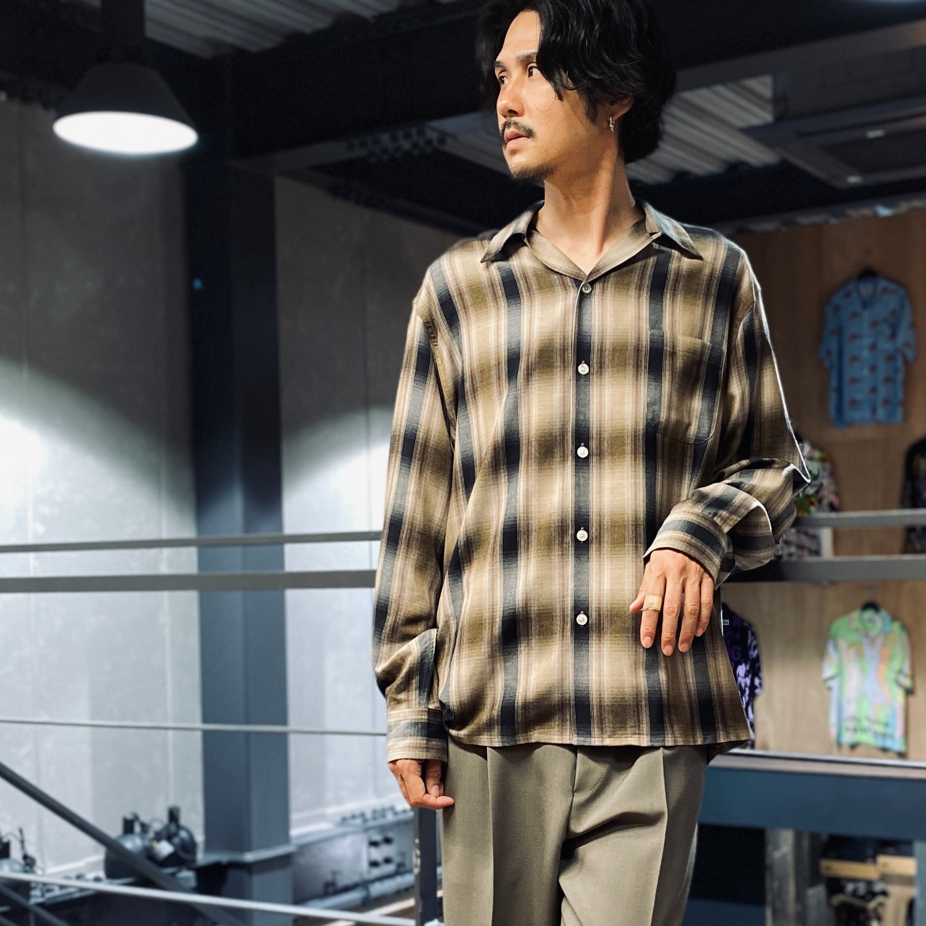 OMBRE CHECK OPEN COLLAR SHIRT L/S -TYPE 4- #BROWN [23FW-WMS-OC04]