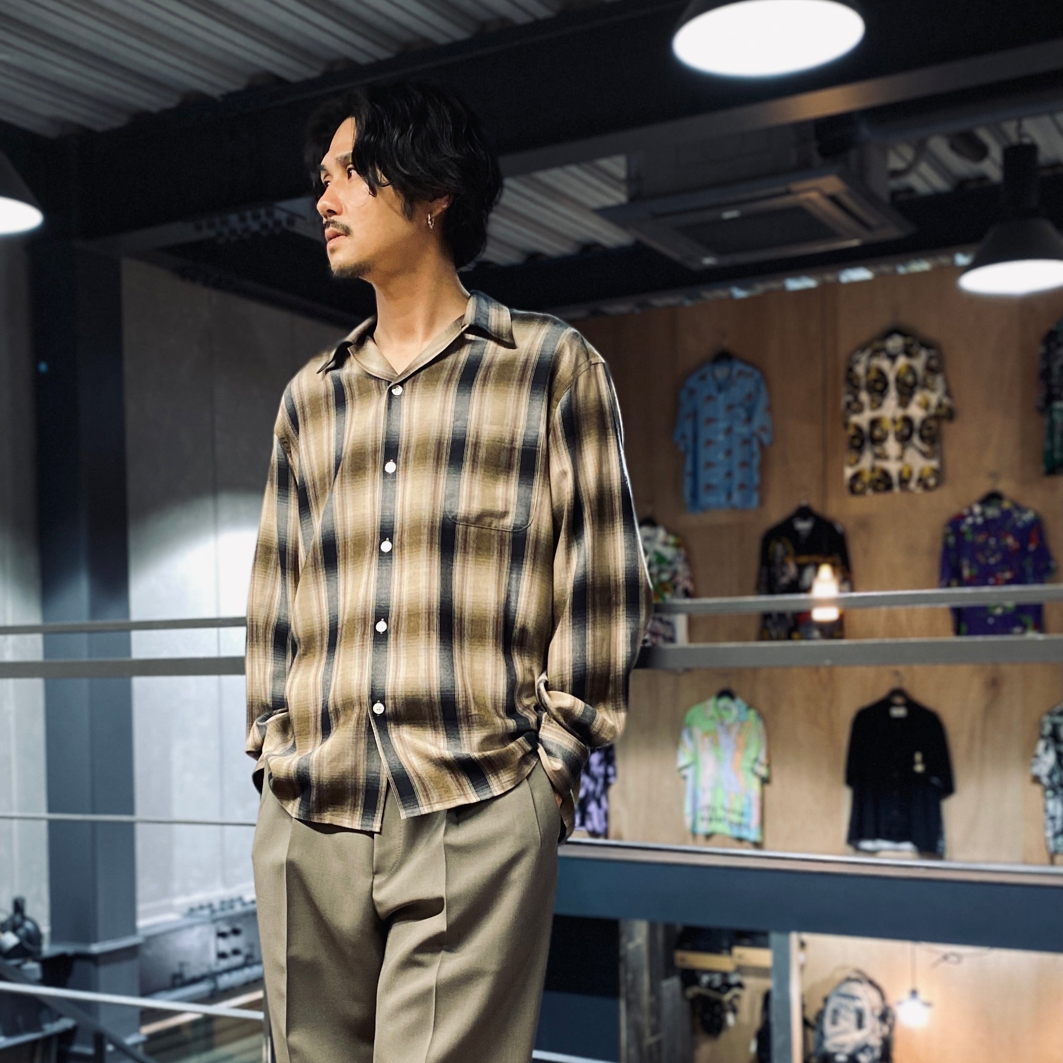 OMBRE CHECK OPEN COLLAR SHIRT L/S -TYPE 4- #BROWN [23FW-WMS-OC04]