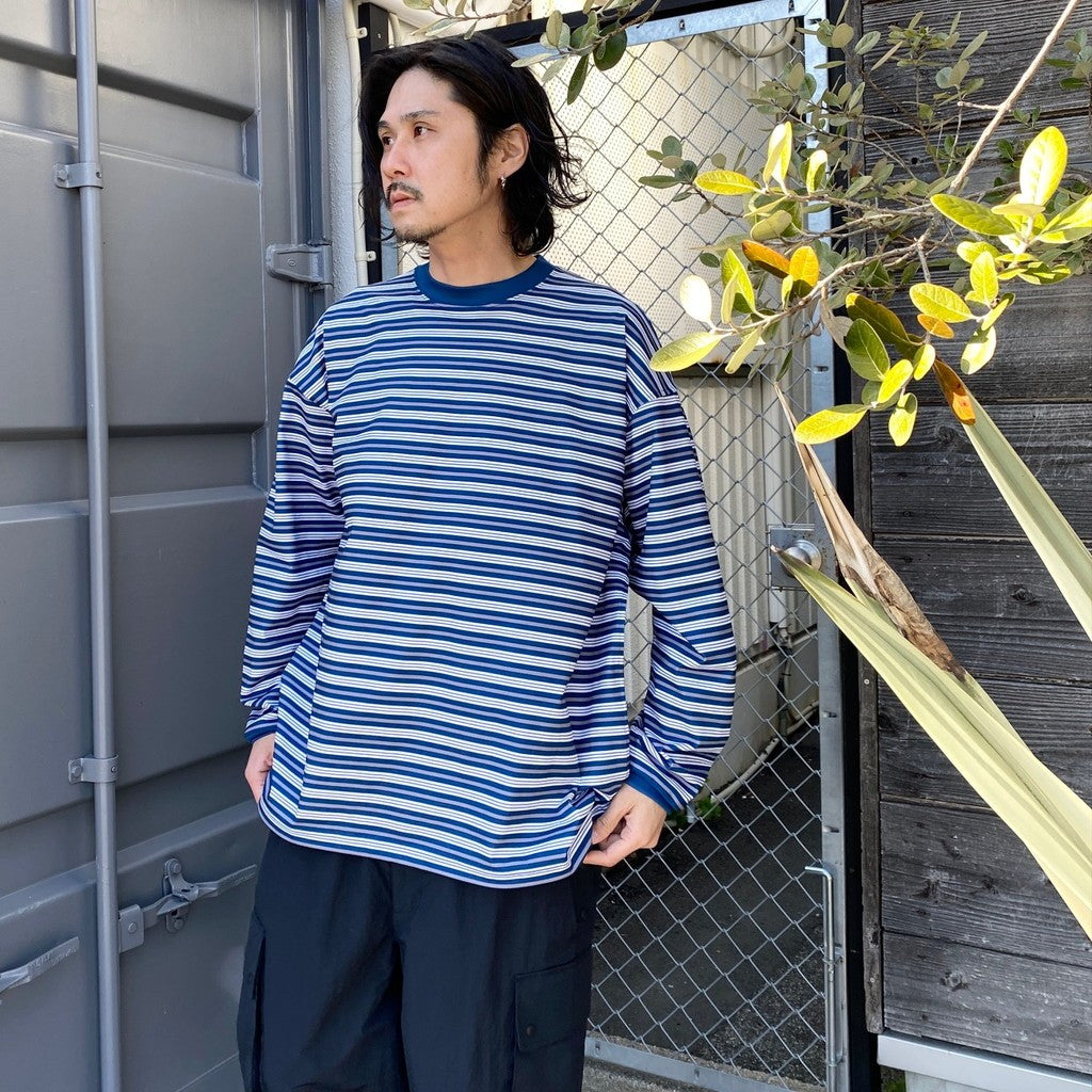 TECH DRAWSTRING MULTI BORDER L/S TEE #NAVY/GRAY [BE-34024]