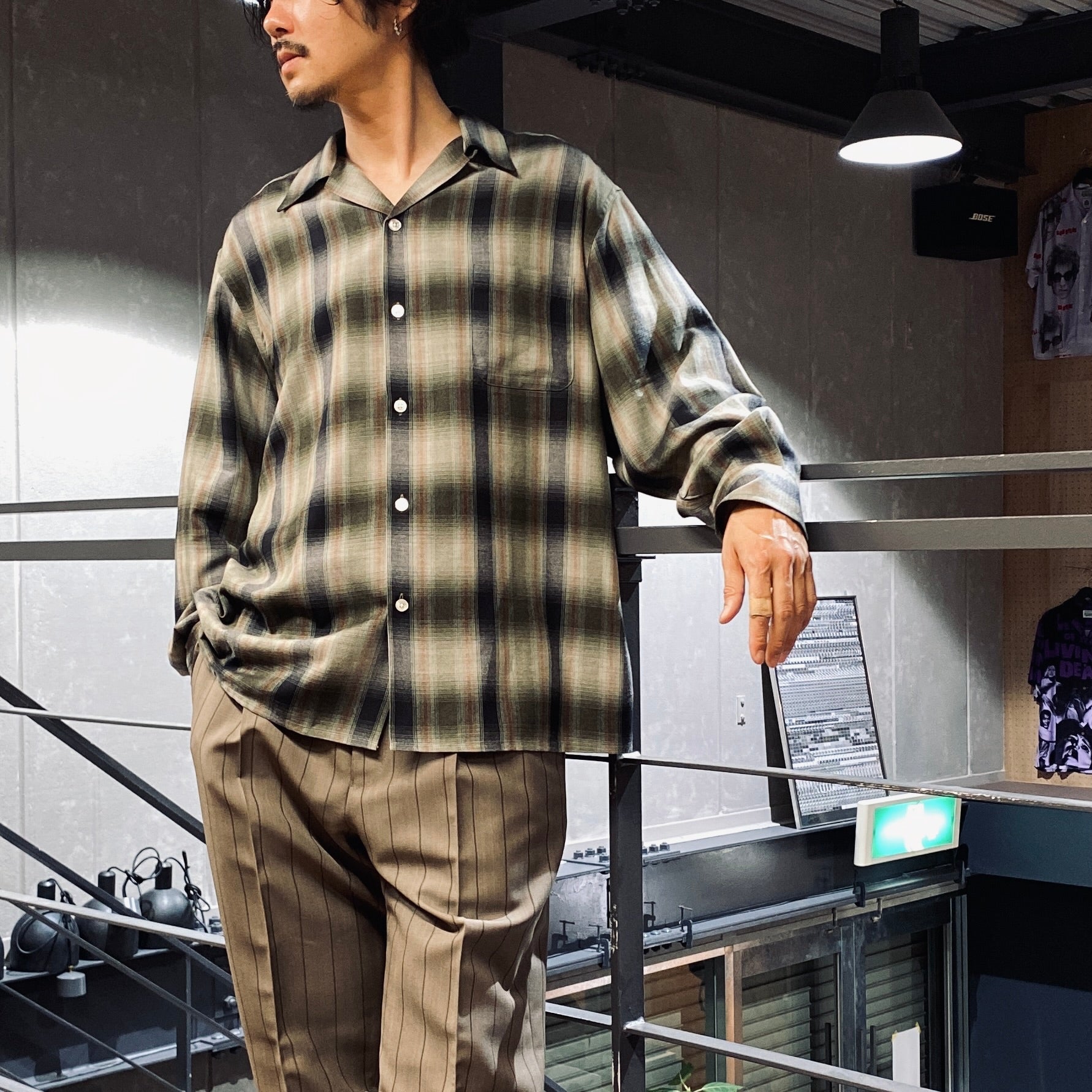 OMBRE CHECK OPEN COLLAR SHIRT L/S -TYPE 4- #GREEN [23FW-WMS-OC04]
