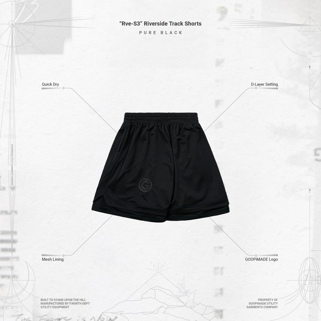 "Rve-S3" Riverside Track Shorts #純黑色 [GOOPI-24SS-AUG-04]