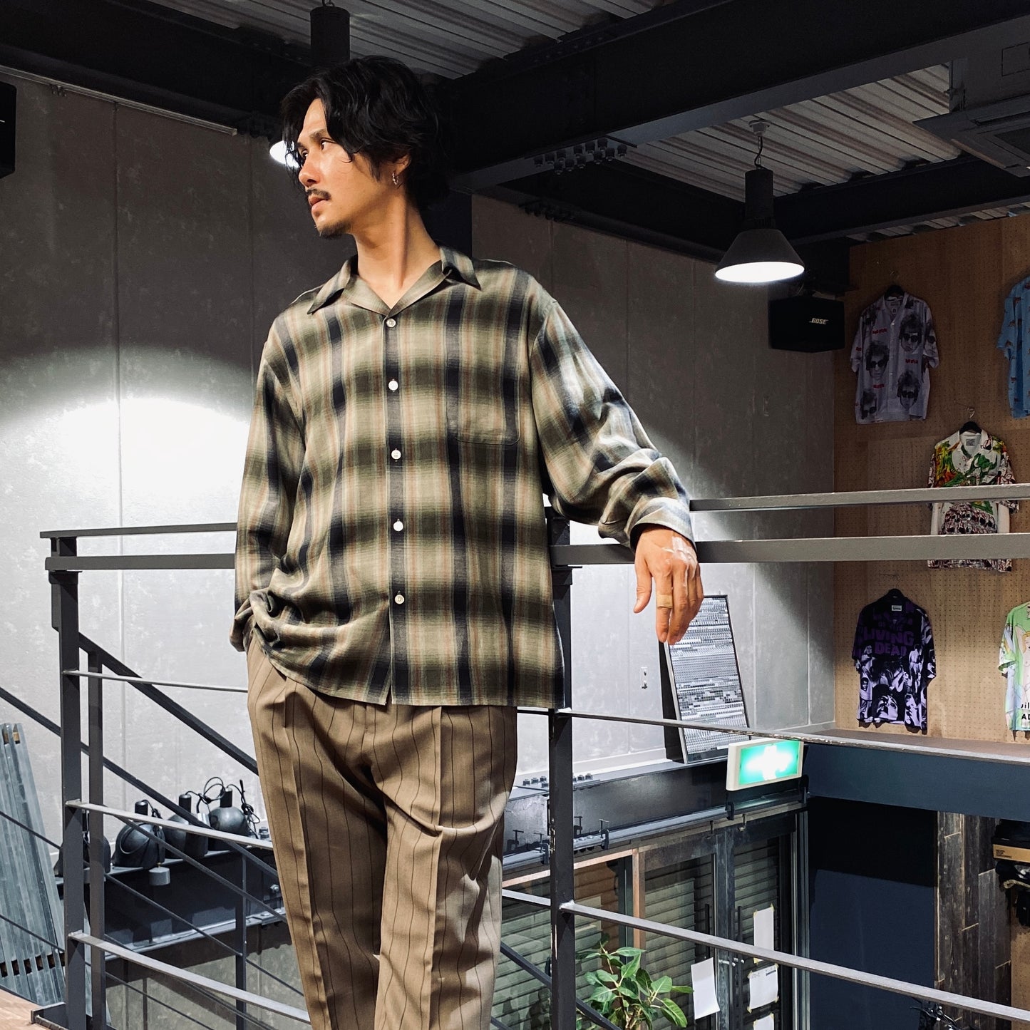 OMBRE CHECK OPEN COLLAR SHIRT L/S -TYPE 4- #GREEN [23FW-WMS-OC04]