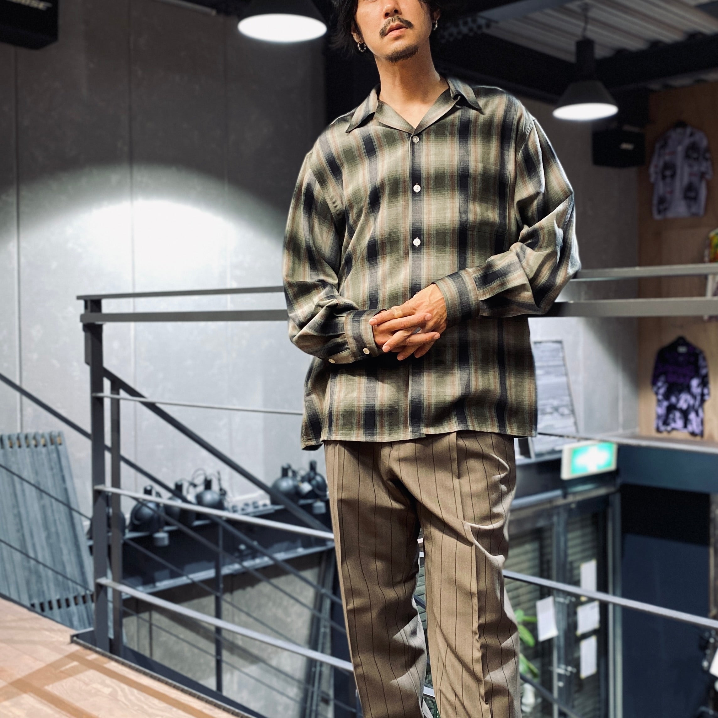 OMBRE CHECK OPEN COLLAR SHIRT L/S -TYPE 4- #GREEN [23FW-WMS-OC04]