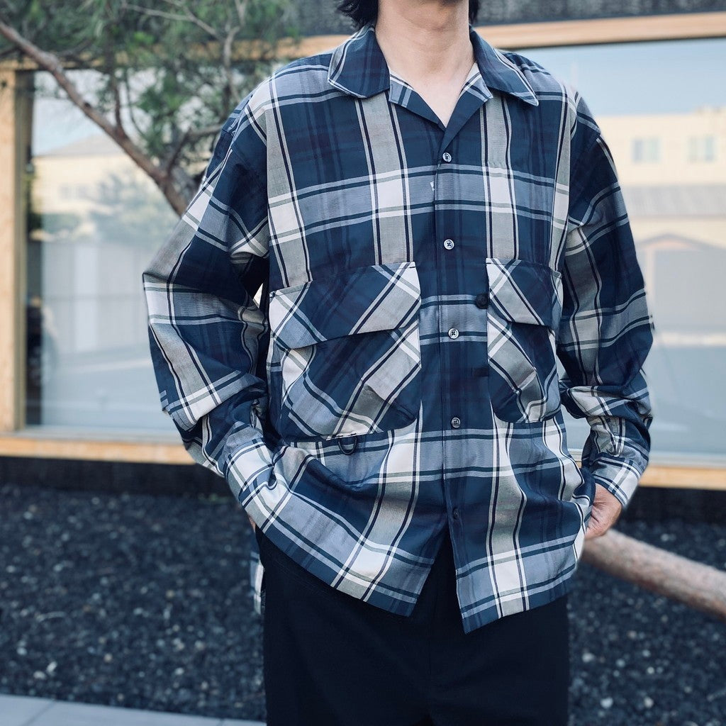 TECH SPORTS OPEN COLLAR SHIRT L/S BIG TARTAN #NAVY [BE-81026W]