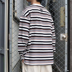 EMBROIDERED LOGO MULTI BORDER L/S T-SHIRT #BROWN / WHITE [CCC-253C007]