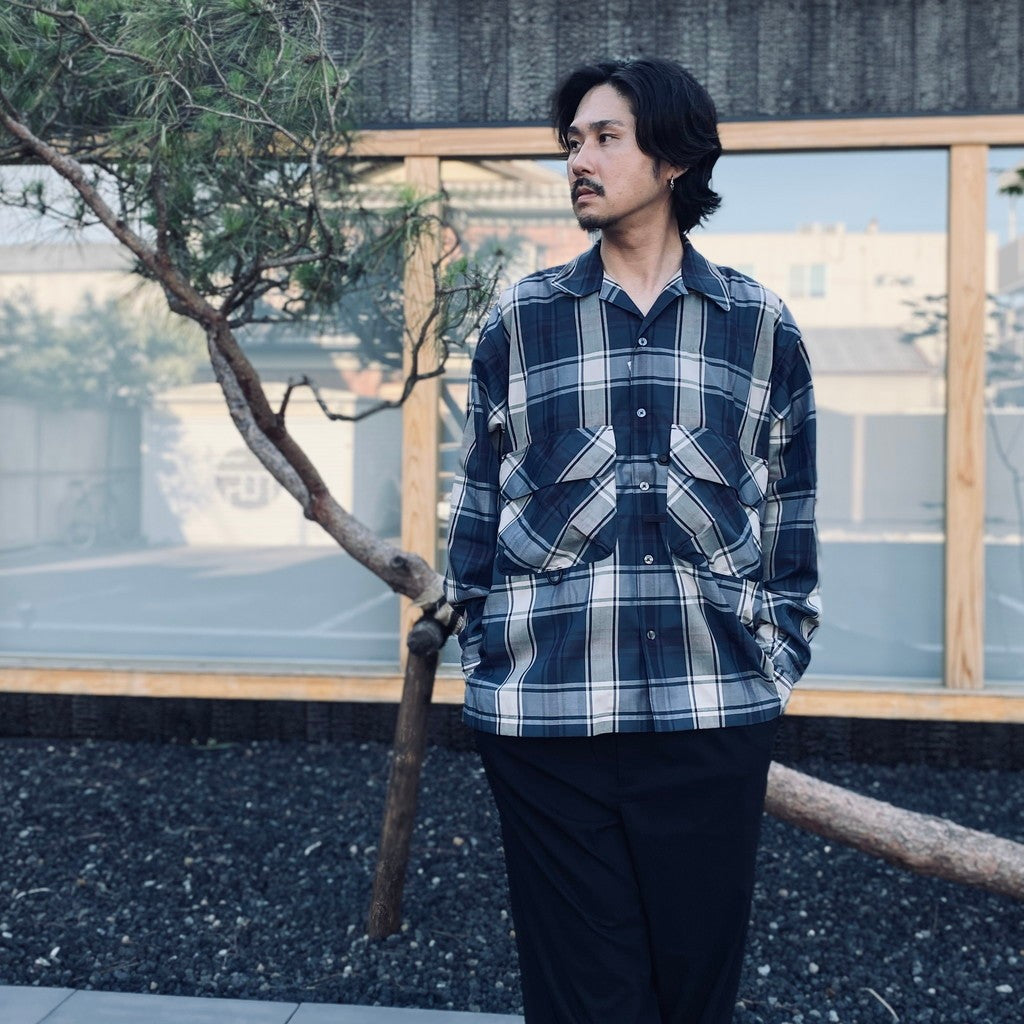 TECH SPORTS OPEN COLLAR SHIRT L/S BIG TARTAN #NAVY [BE-81026W]
