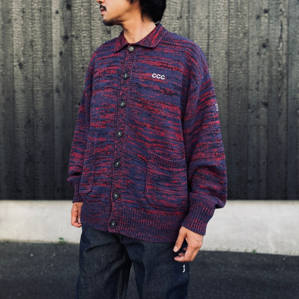 MIX KNIT CATDIGAN WITH BADGE #BLUE×BLACK×RED [CCC-263KN002]