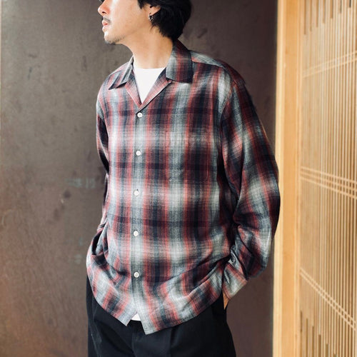 OMBRE CHECK OPEN COLLAR SHIRT L/S ( TYPE-1 ) #RED [26FWE-WMS-OC01]