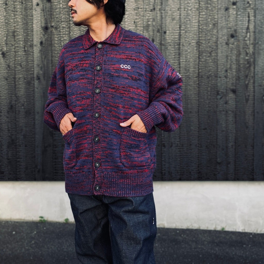 MIX KNIT CATDIGAN WITH BADGE #BLUE×BLACK×RED [CCC-263KN002]