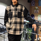 半拉鍊拼接格紋襯衫#黑色 [SC2320-SH04]