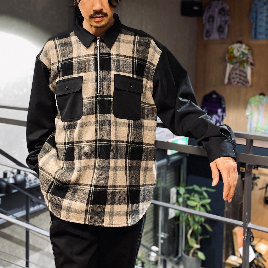 半拉鍊拼接格紋襯衫#黑色 [SC2320-SH04]