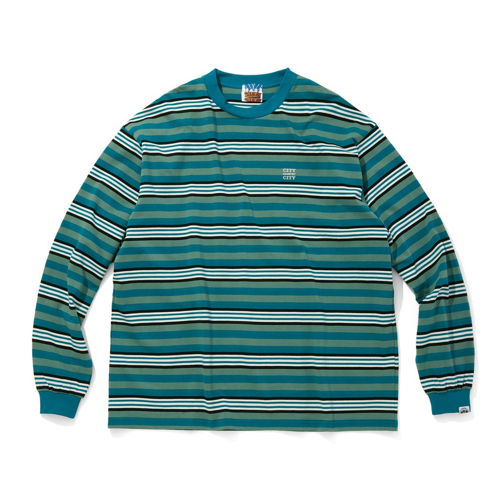 EMBROIDERED LOGO MULTI BORDER L/S T-SHIRT #GREEN / WHITE [CCC-253C007]