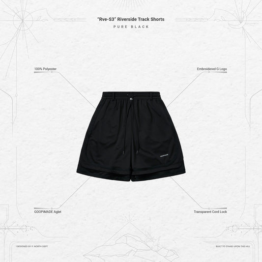 「Rve-S3」 Riverside Track Shorts #PURE BLACK [GOOPI-24SS-AUG-04]