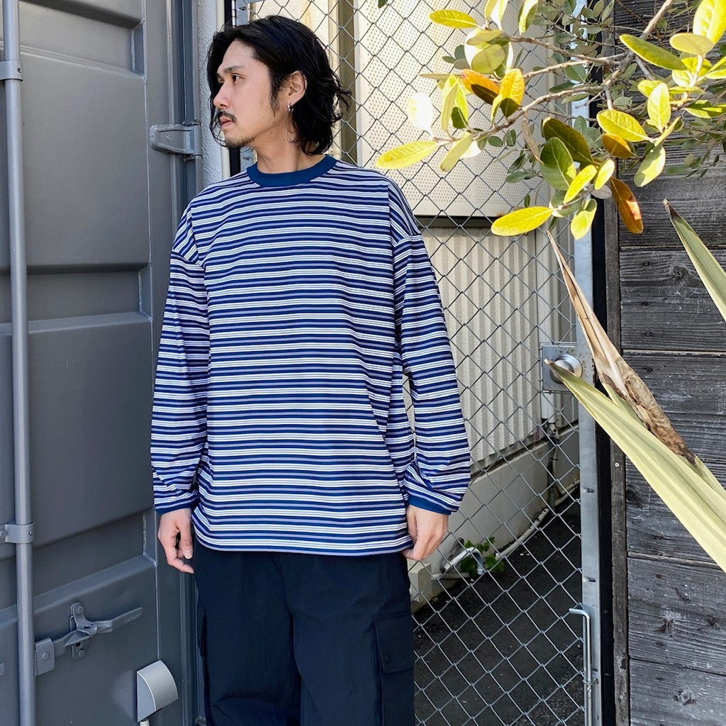 TECH DRAWSTRING MULTI BORDER L/S TEE #NAVY/GRAY [BE-34024]