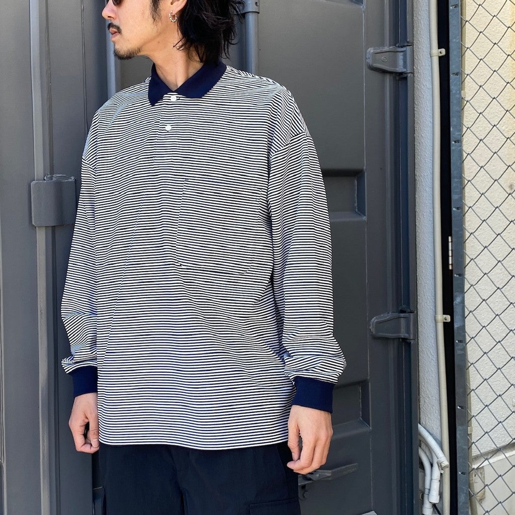 TECH POLO SHIRTS L/S #WHITE/NAVY BORDER [BE-31024]