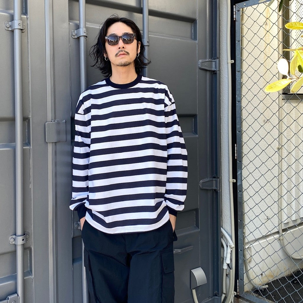 TECH DRAWSTRING BORDER L/S TEE #WHITE/NAVY [BE-33024]