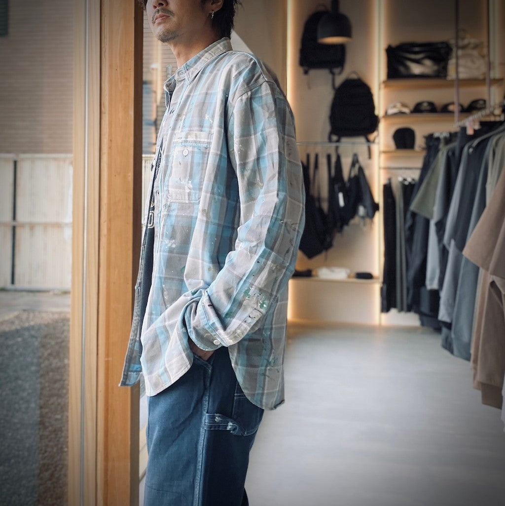 PAINTER'S PAINT STAINED FLANNEL SHIRT #AGED L.BLUE×O.WHITE [BW252-PPSFS]