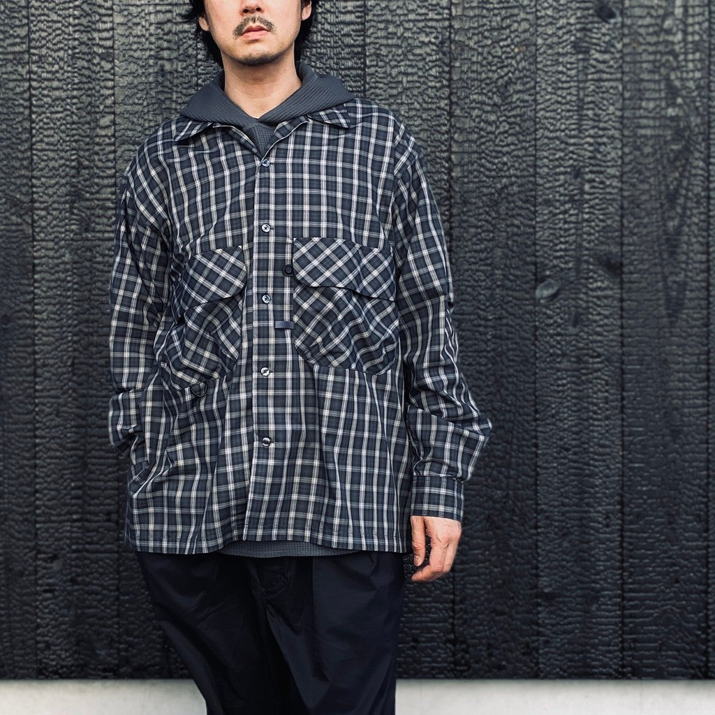 TECH SPORTS OPEN COLLAR SHIRT L/S GREN PLAID #CHARCOAL [BE-82026]