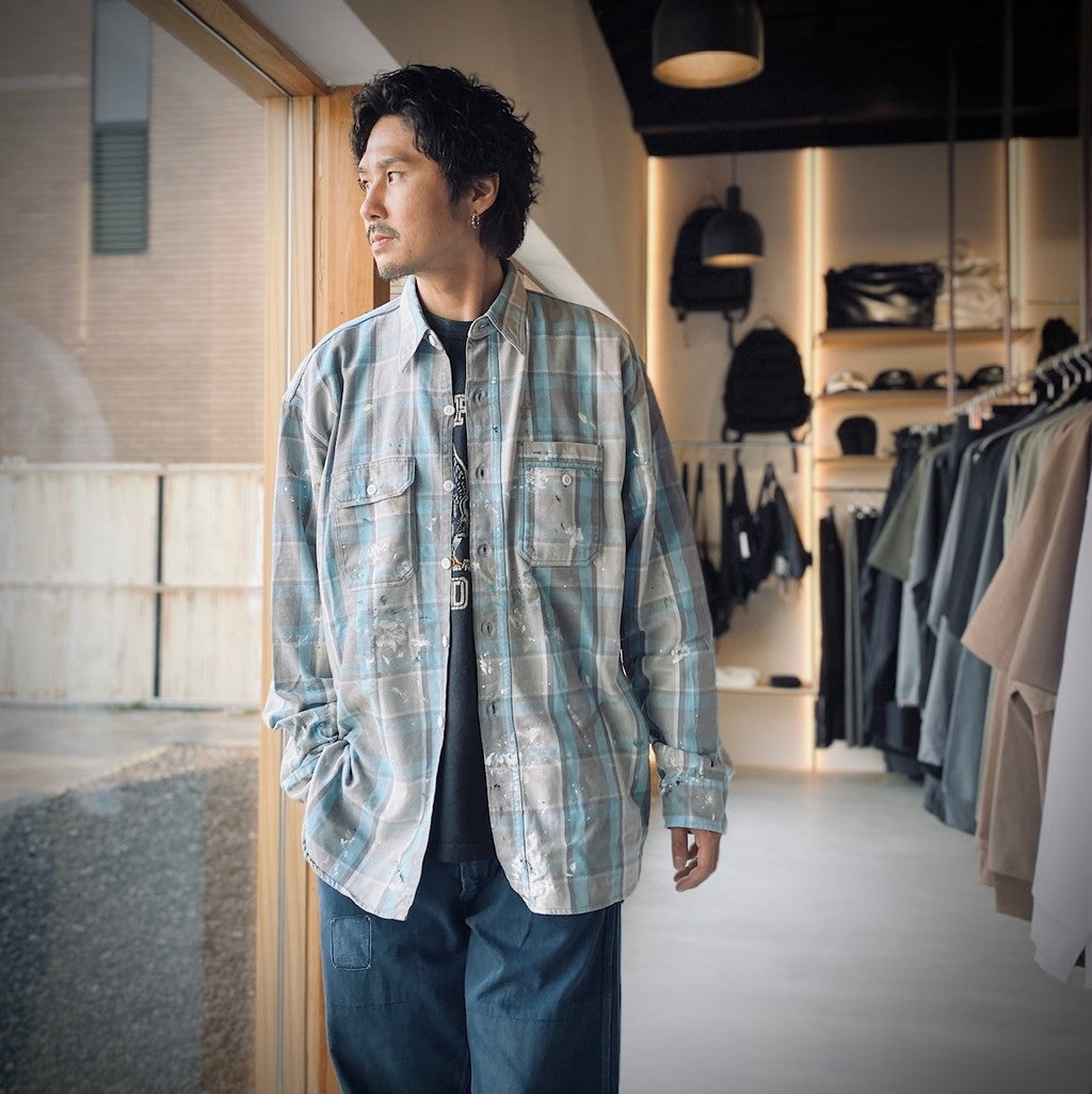 PAINTER'S PAINT STAINED FLANNEL SHIRT #AGED L.BLUE×O.WHITE [BW252