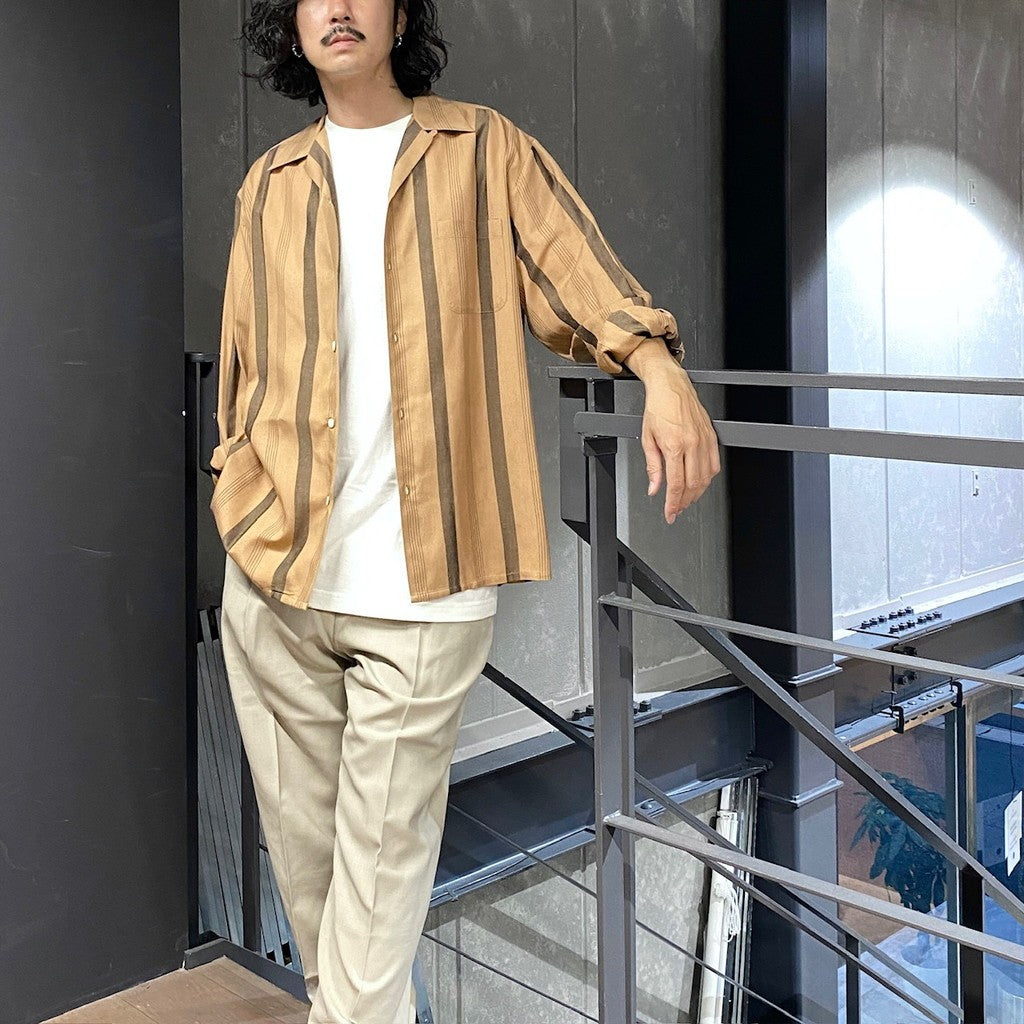 條紋開領長袖襯衫（1 型）#棕色 [24FW-WMS-OC05]