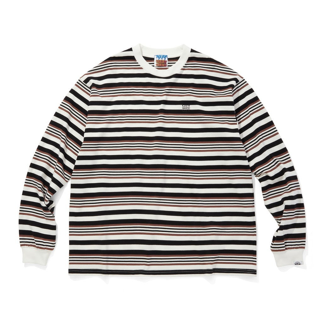 EMBROIDERED LOGO MULTI BORDER L/S T-SHIRT #BROWN / WHITE [CCC-253C007]