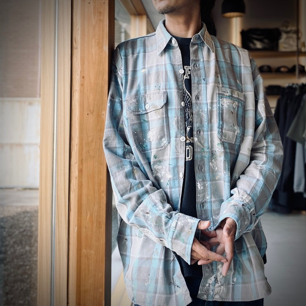 PAINTER'S PAINT STAINED FLANNEL SHIRT #AGED L.BLUE×O.WHITE [BW252