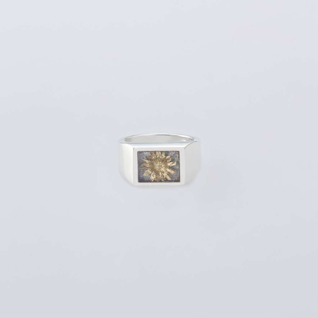 Signet Ring with Gray & Gold Flower #SILVER [XOR125]