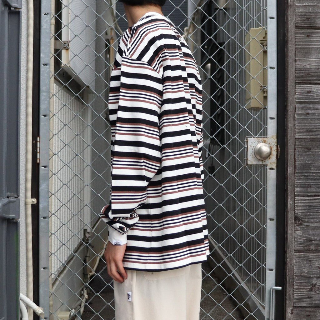 EMBROIDERED LOGO MULTI BORDER L/S T-SHIRT #BROWN / WHITE [CCC-253C007]