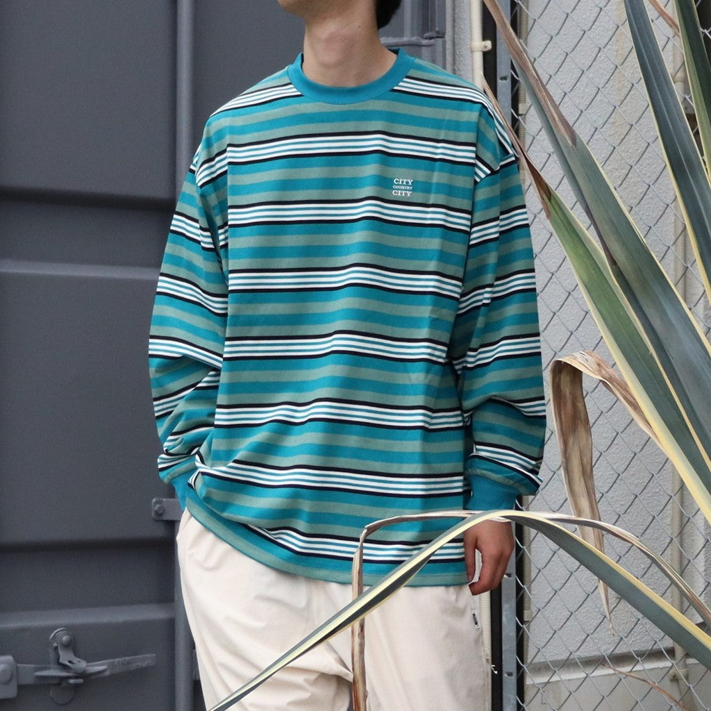 EMBROIDERED LOGO MULTI BORDER L/S T-SHIRT #GREEN / WHITE [CCC-253C007]