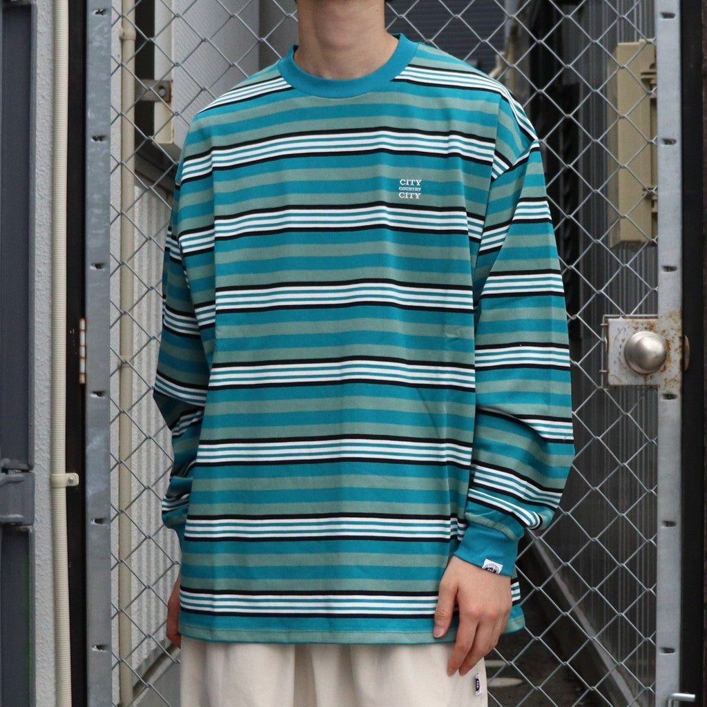 EMBROIDERED LOGO MULTI BORDER L/S T-SHIRT #GREEN / WHITE [CCC-253C007]