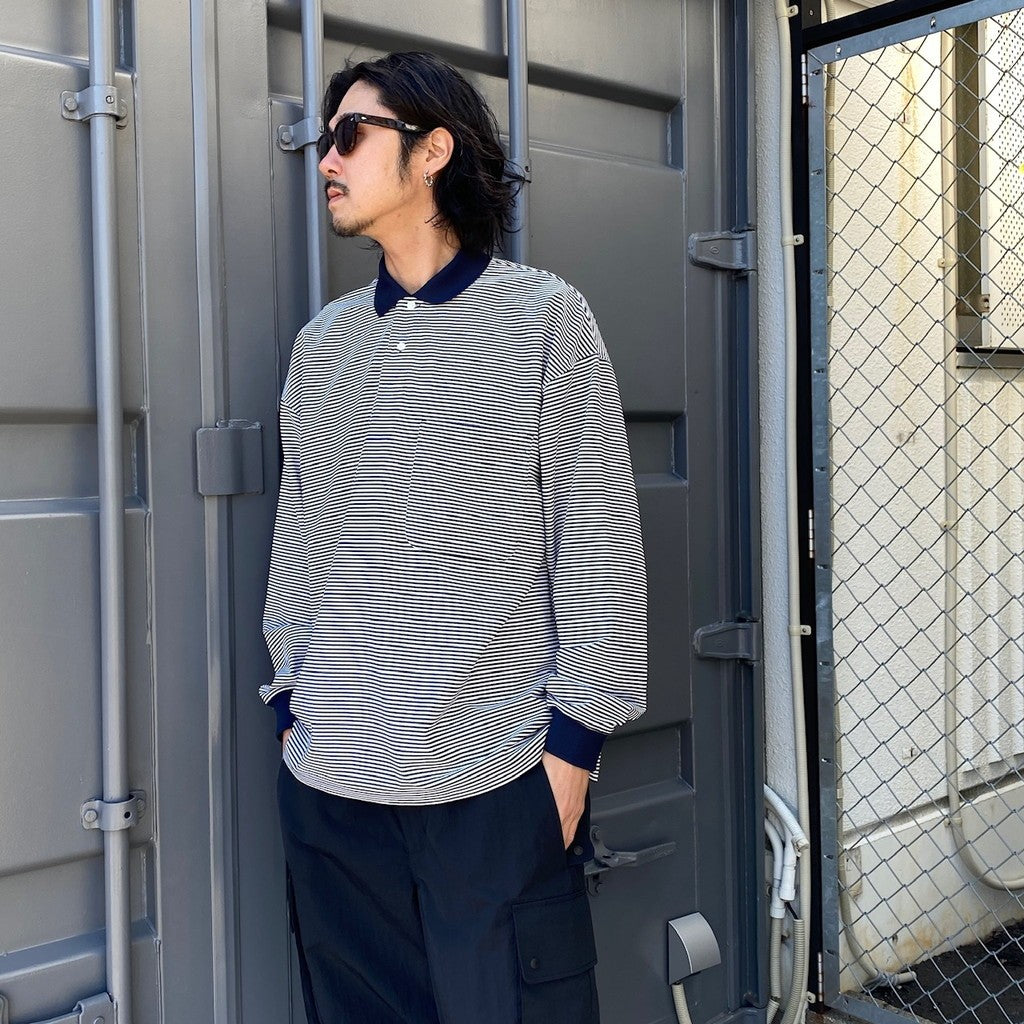 TECH POLO SHIRTS L/S #WHITE/NAVY BORDER [BE-31024]