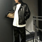 雙排扣皮外套（2 型）#黑色 [24FW-WMO-BL04]