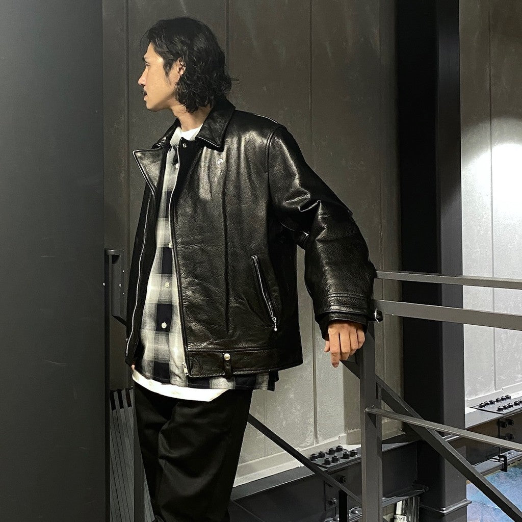 雙排扣皮外套（2 型）#黑色 [24FW-WMO-BL04]