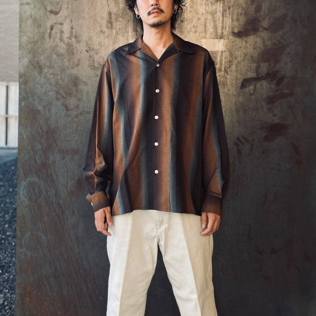 STRIPED OPEN COLLAR SHIRT L/S #BROWN [25FW-WMS-OC07] – cocorozashi