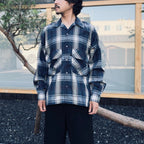 TECH SPORTS OPEN COLLAR SHIRT L/S BIG TARTAN #NAVY [BE-81026W]