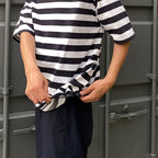 TECH DRAWSTRING BORDER S/S TEE #WHITE/NAVY [BE-36024]