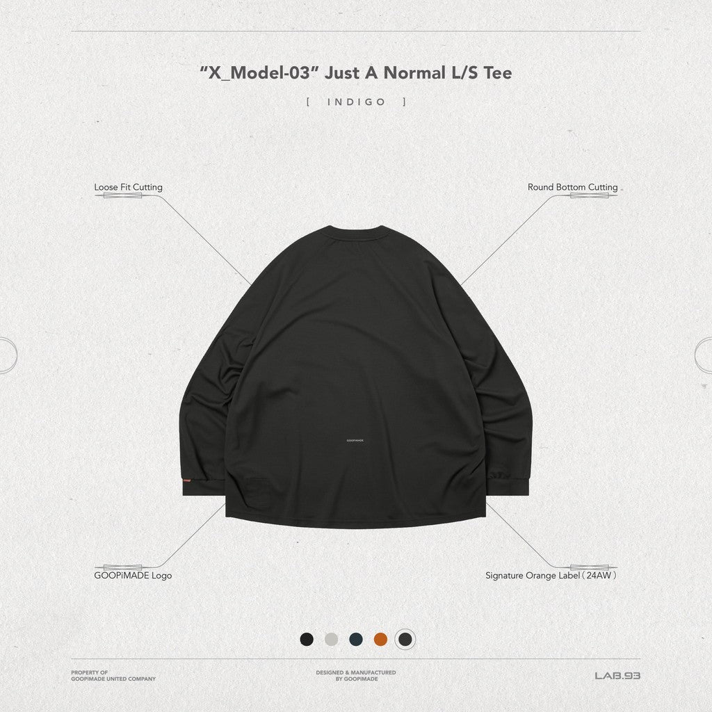 "X_Model-03" 普通長袖T卹 #靛藍 [GOOPI-24AW-NOV-01]