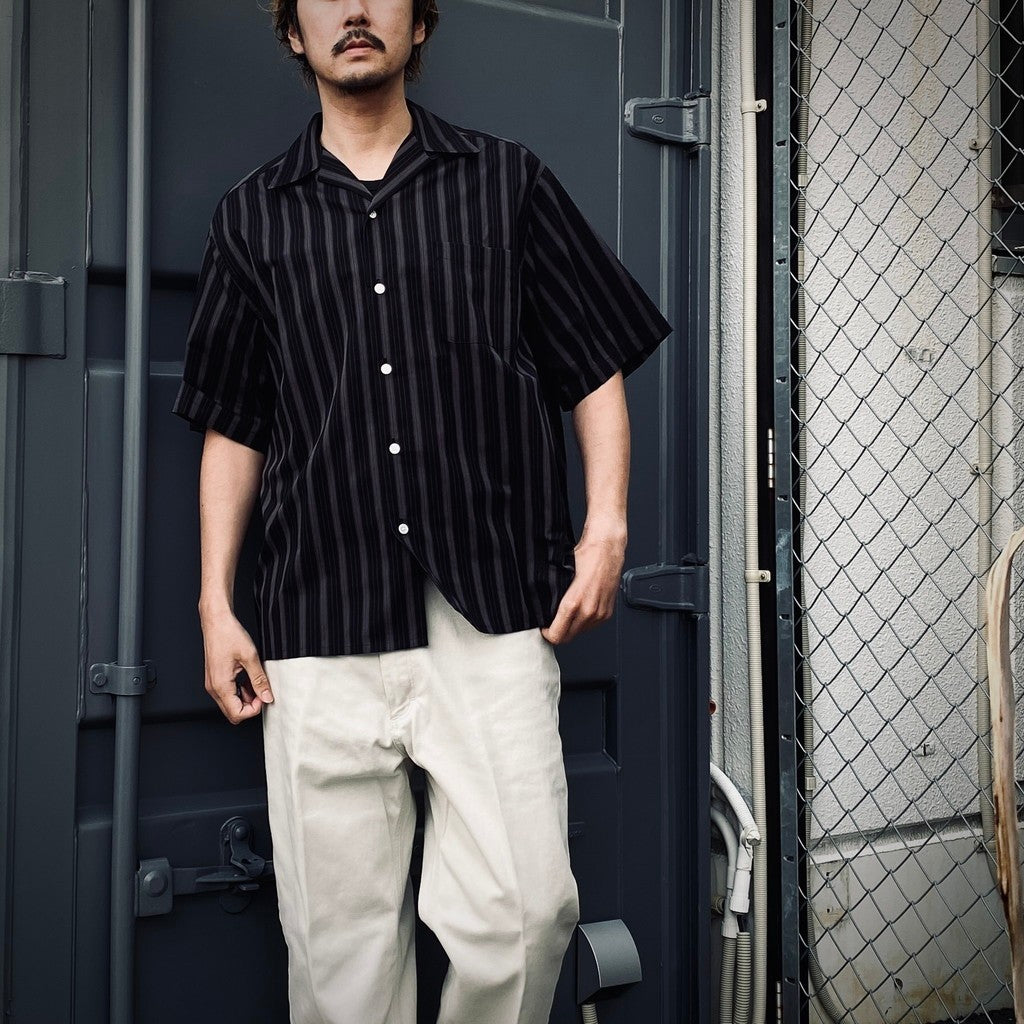 條紋開領襯衫 短袖（TYPE-2）#黑色 [25SS-WMS-OC04]