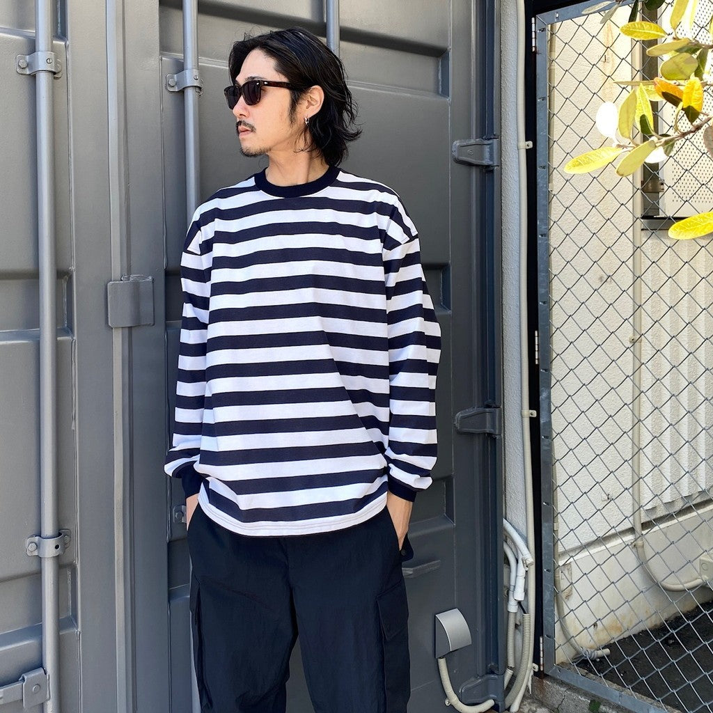 TECH DRAWSTRING BORDER L/S TEE #WHITE/NAVY [BE-33024]