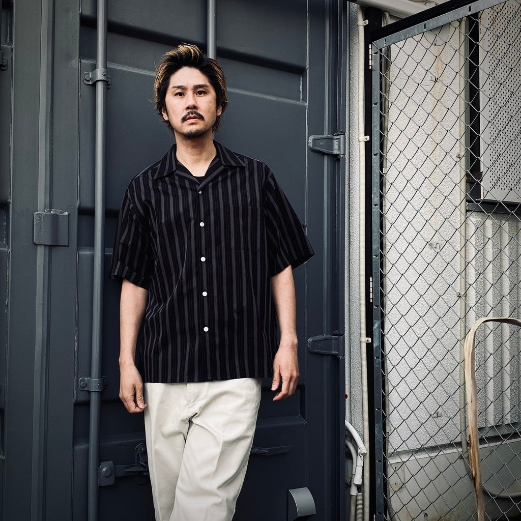 STRIPED OPEN COLLAR SHIRT S/S ( TYPE-2 ) #BLACK [25SS-WMS-OC04]