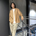 條紋開領長袖襯衫（1 型）#棕色 [24FW-WMS-OC05]