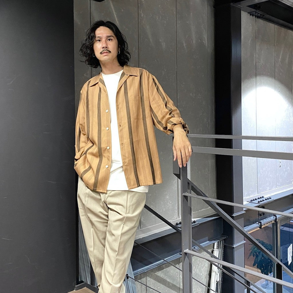 條紋開領長袖襯衫（1 型）#棕色 [24FW-WMS-OC05]