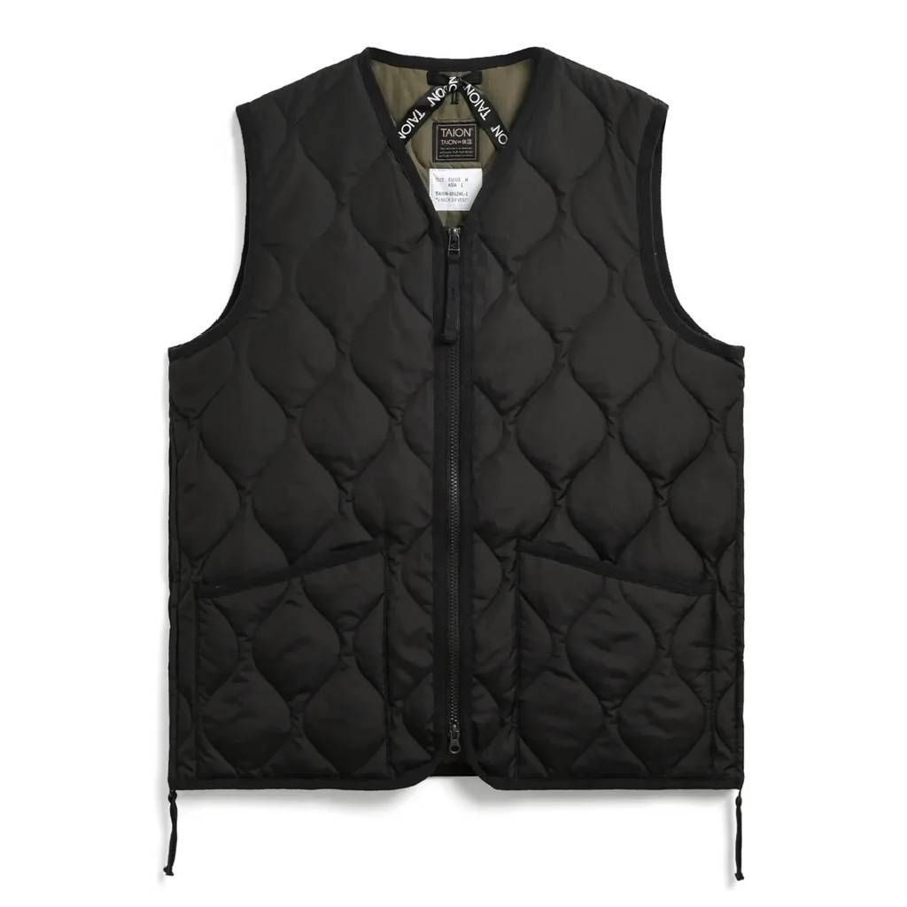 MILITARY W-ZIP V NECK DOWN VEST #BLACK [TAION-001ZML-1]