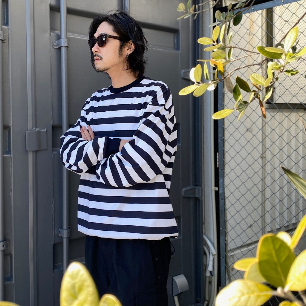 TECH DRAWSTRING BORDER L/S TEE #WHITE/NAVY [BE-33024]