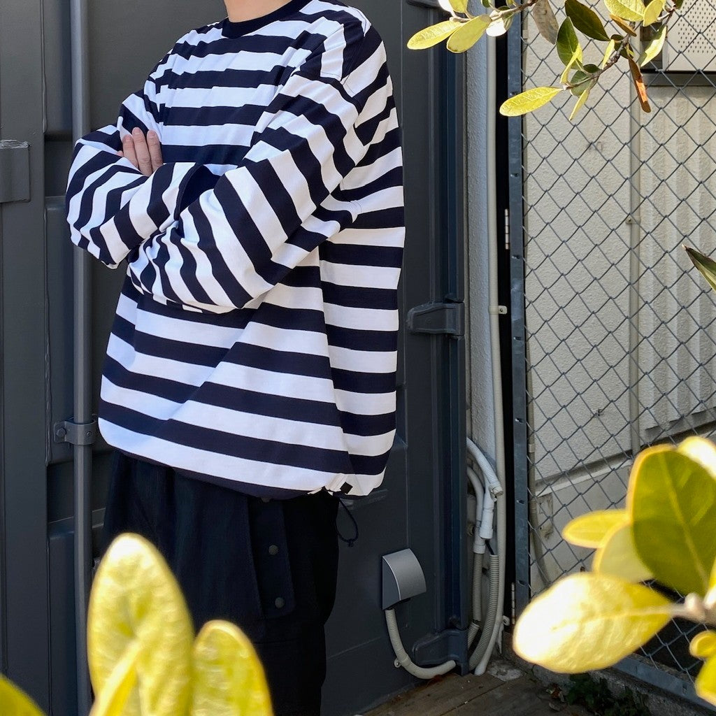 TECH DRAWSTRING BORDER L/S TEE #WHITE/NAVY [BE-33024]