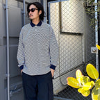 TECH POLO SHIRTS L/S #WHITE/NAVY BORDER [BE-31024]