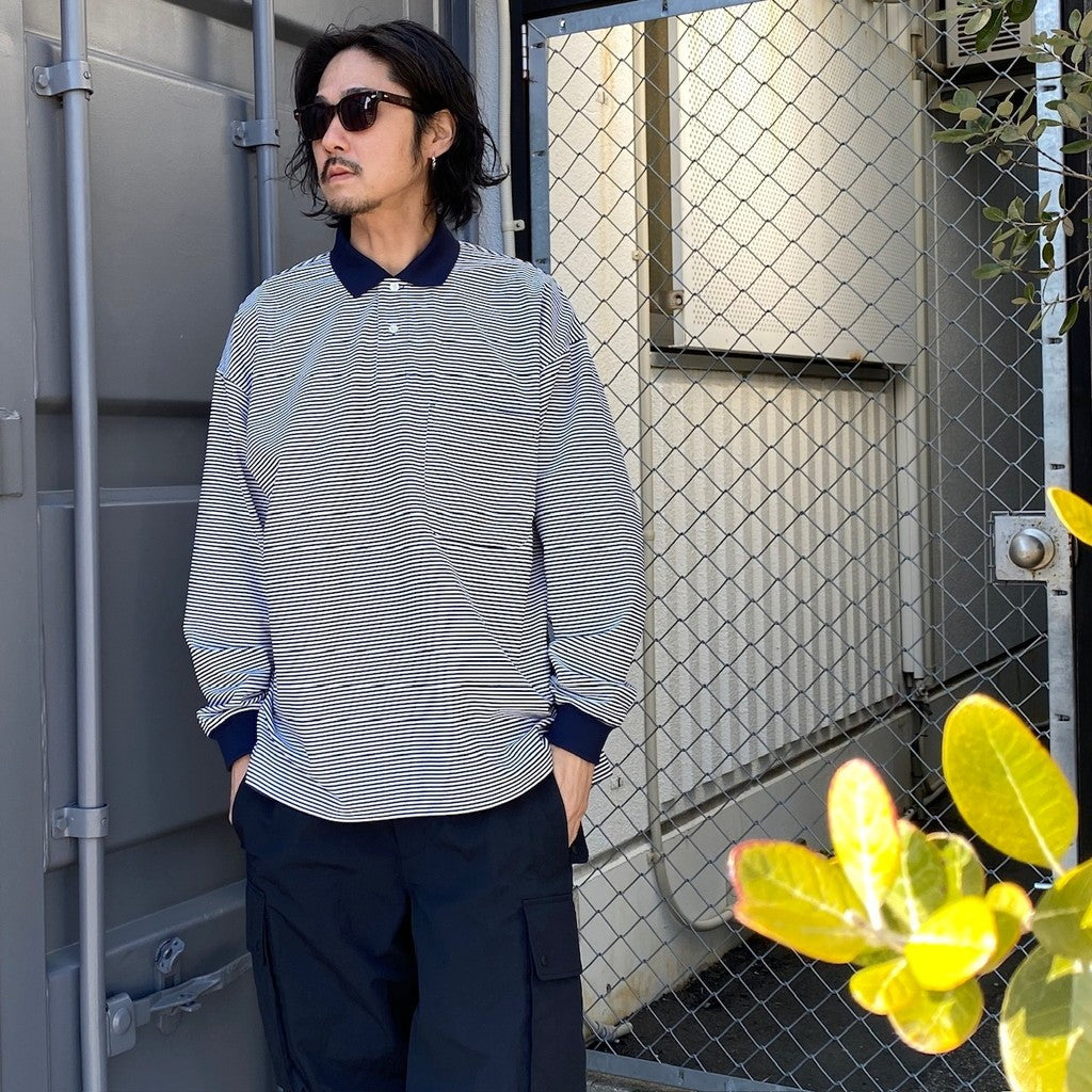 TECH POLO SHIRTS L/S #WHITE/NAVY BORDER [BE-31024]